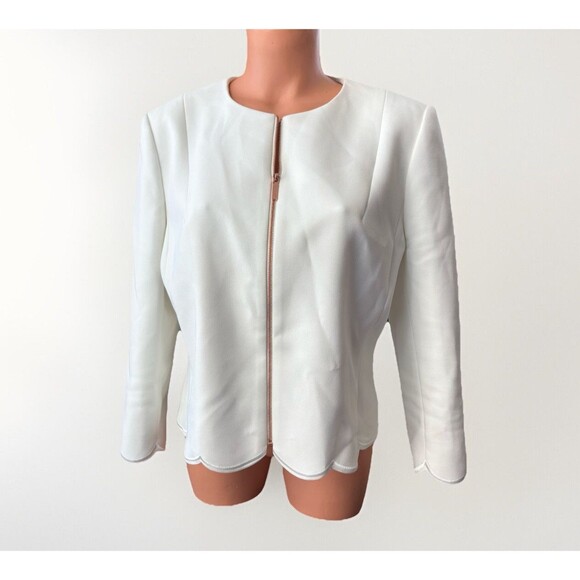 Ted Baker White Scallop Crepe Jacket TB5 Rose Gold Hardware Full Zip Lined US 12 - Picture 1 of 10